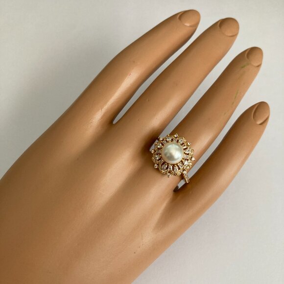 Art Deco Cubic Zirconia White Pearl Cocktail Ring Yellow Gold Plated Size 7 8 9 - Picture 3 of 16